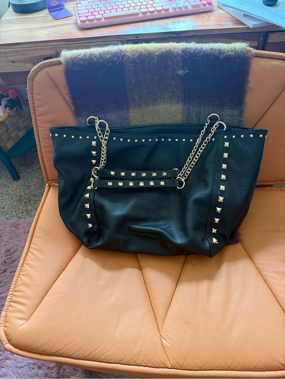 Two, Brown and Black Montana West Black Pebbled Tote with Gold Studs